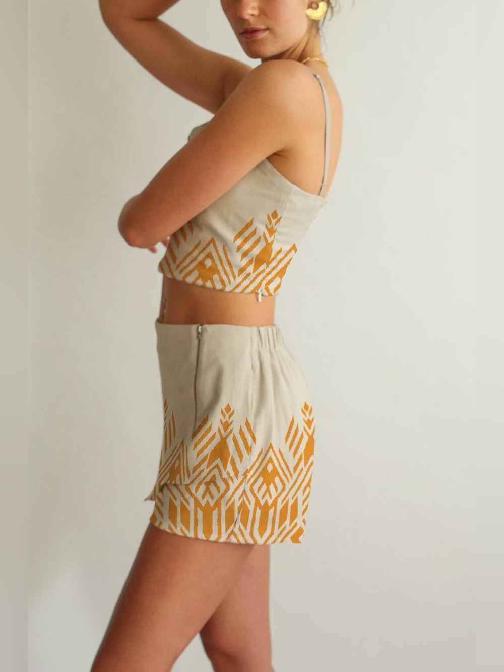 Averie Linen Blend Skort and Crop Top Set Yellow Geometric Print Large Boho - Picture 3 of 7